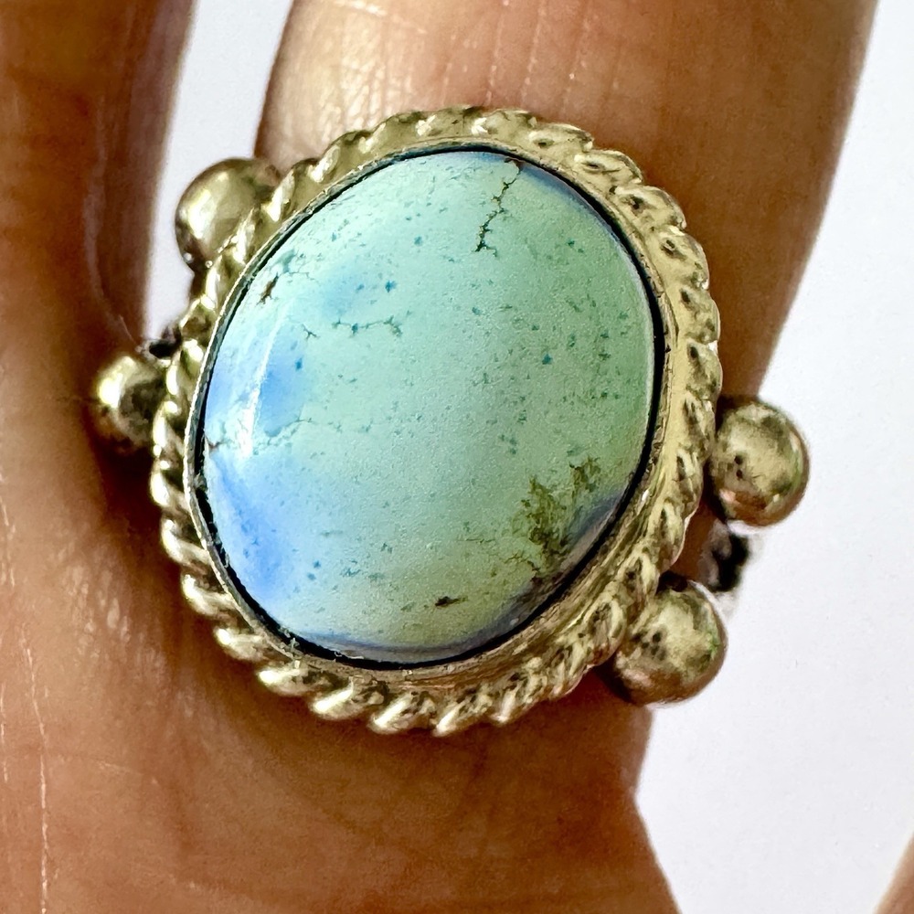 Navajo Turquoise Ring Blue Golden Hills Sz 7.5 Sterling Signed Martinez Native
